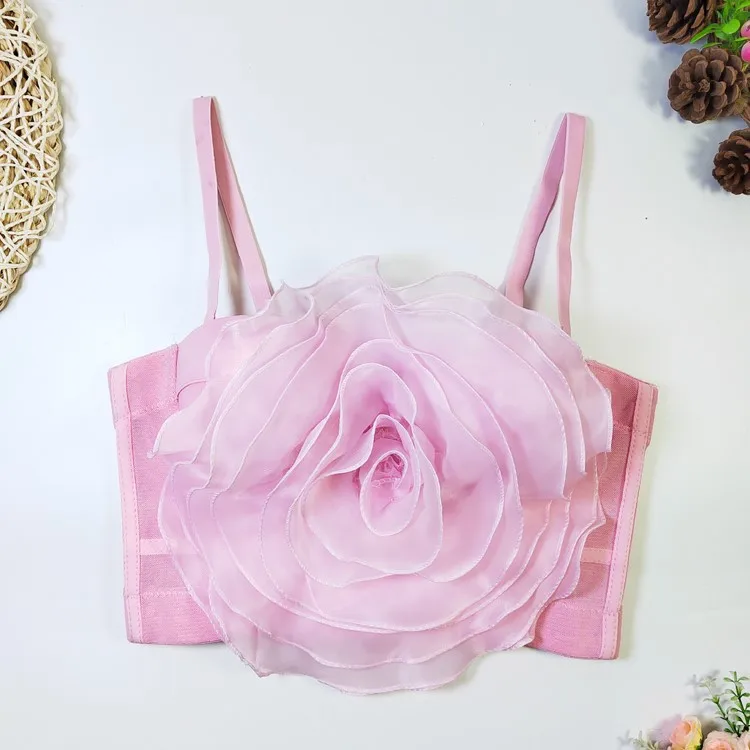 A858 Dropshipping Modna Koszulka na Ramiączkach dla Dziewcząt i Kobiet, Urocza Sukienka Wspomnień, Modna Odzież Sceniczna do Tańca z Siateczką i Kwiatowym Gorsetem 3D