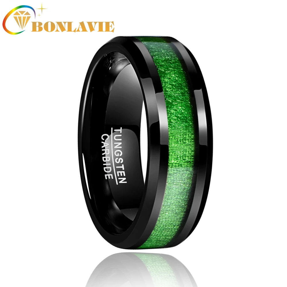 

BONLAVIE Vintage 8mm Width Inlaid Maple Electroplated Black Tungsten Carbide Ring with Green Line Wedding Men Jewelry