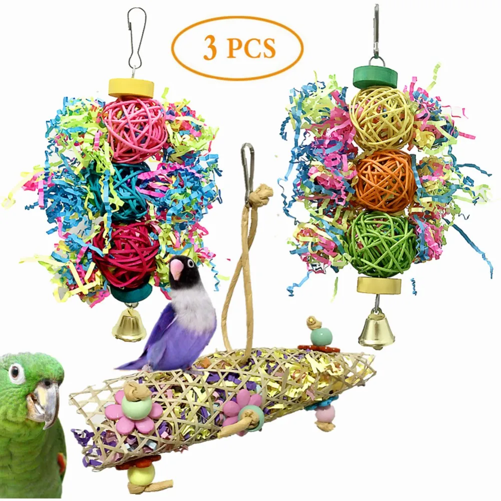 Bird Shredding Toys Wooden Blocks Colorful Parrot Chewing Foraging Hanging Toy for Parakeets Love Birds Budgies