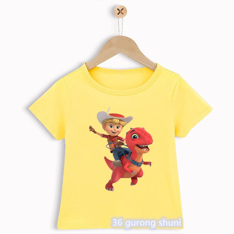 funny boys tshirt cute Dino Ranch Cartoon Print Children'S Tshirt Summer Boys Clothes Yellow Shirt Toddler TShirt tops wholesale