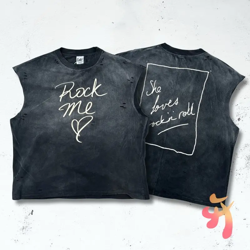 

Американский High Street Ретро стираные изношенные черные топы на бретелях Love Rock с граффити и круглым вырезом Топы без рукавов Мужчины Женщины Жилет