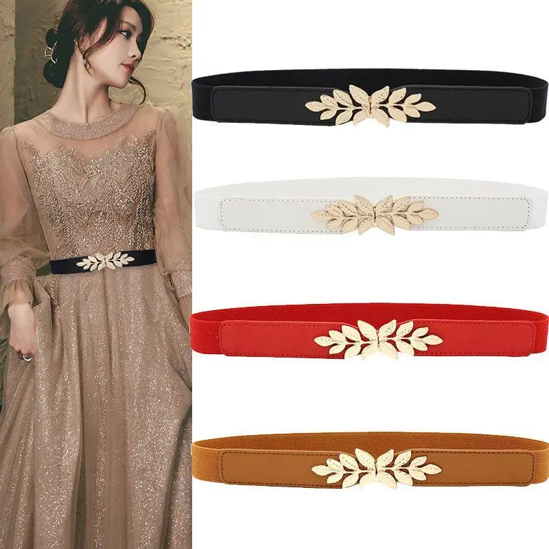 Trendy Stretch Waist Cincher Belt Elegant Versatile Waist-Defining Thin Belt with Small Leaf-Shaped Buckles for Dresses
