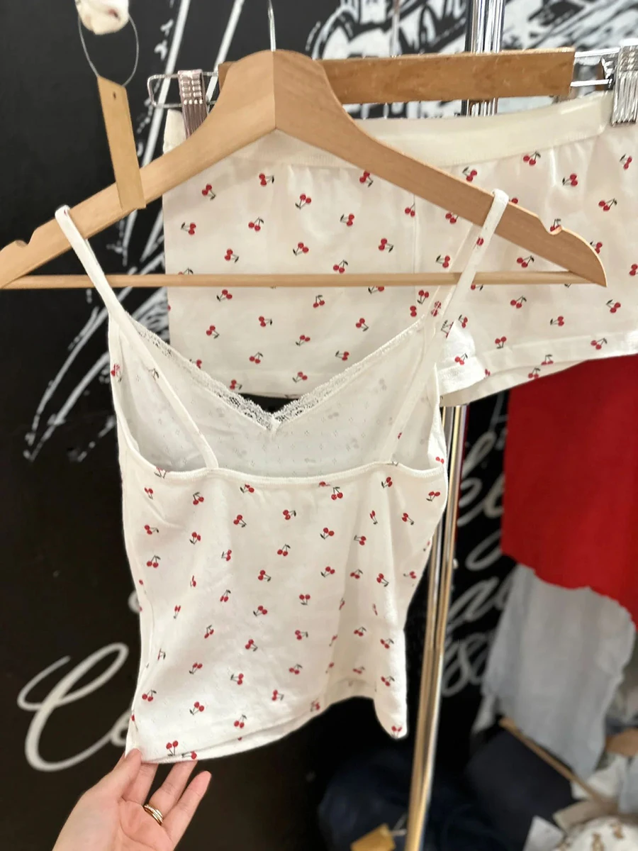 Conjunto de pijama feminino com decote em v, colete e shorts cereja, tops finos, cintura elástica, calça curta reta, doce lar, 2 peças, novo