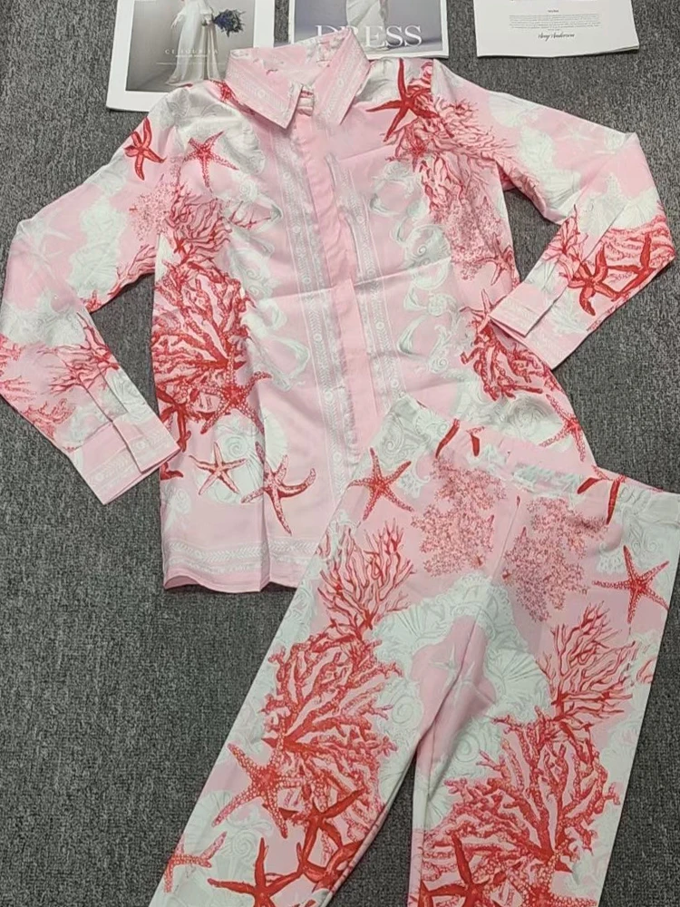 Moda impressão lapela single-breasted camisa de manga comprida primavera novo terno feminino + cintura alta elástica pés finos calças terno de duas peças