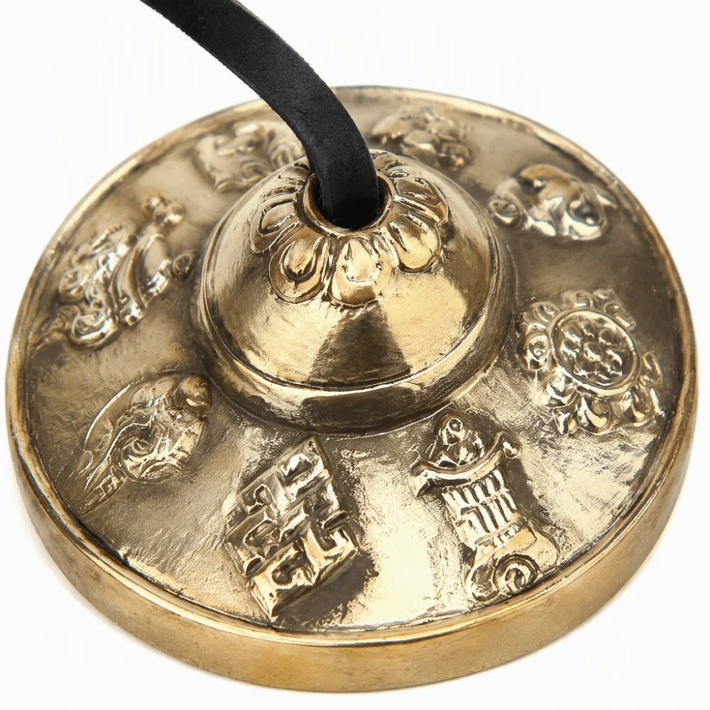 Brass Material Meditation Chime Bell 6.5 cm Diameter 8 Lucky Symbols Embossed Relaxation Musical Instruments