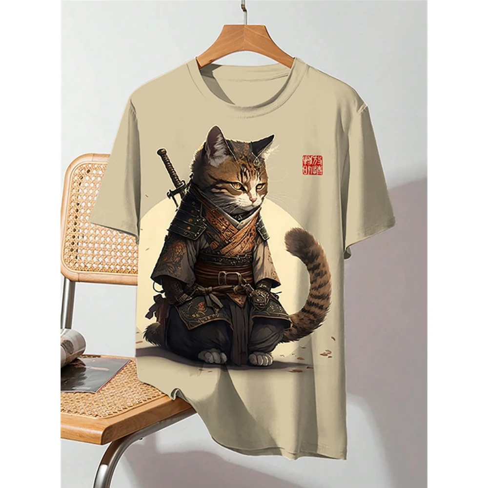

Japanese Samurai Cat Men's T-Shirts Fashion Short Sleeved Casual Top Loose Breathable Micro Elastic O Neck Men T-Shirt