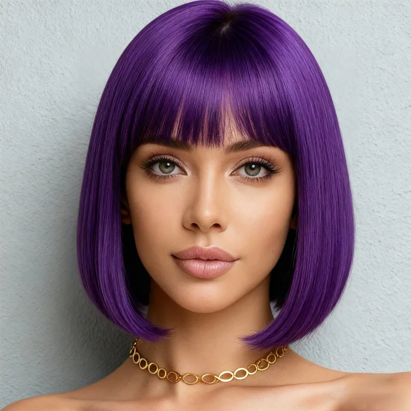 12 inch purple wig with bangs design, made of high-temperature fiber synthetic material, suitable for daily cosplay wear image 2