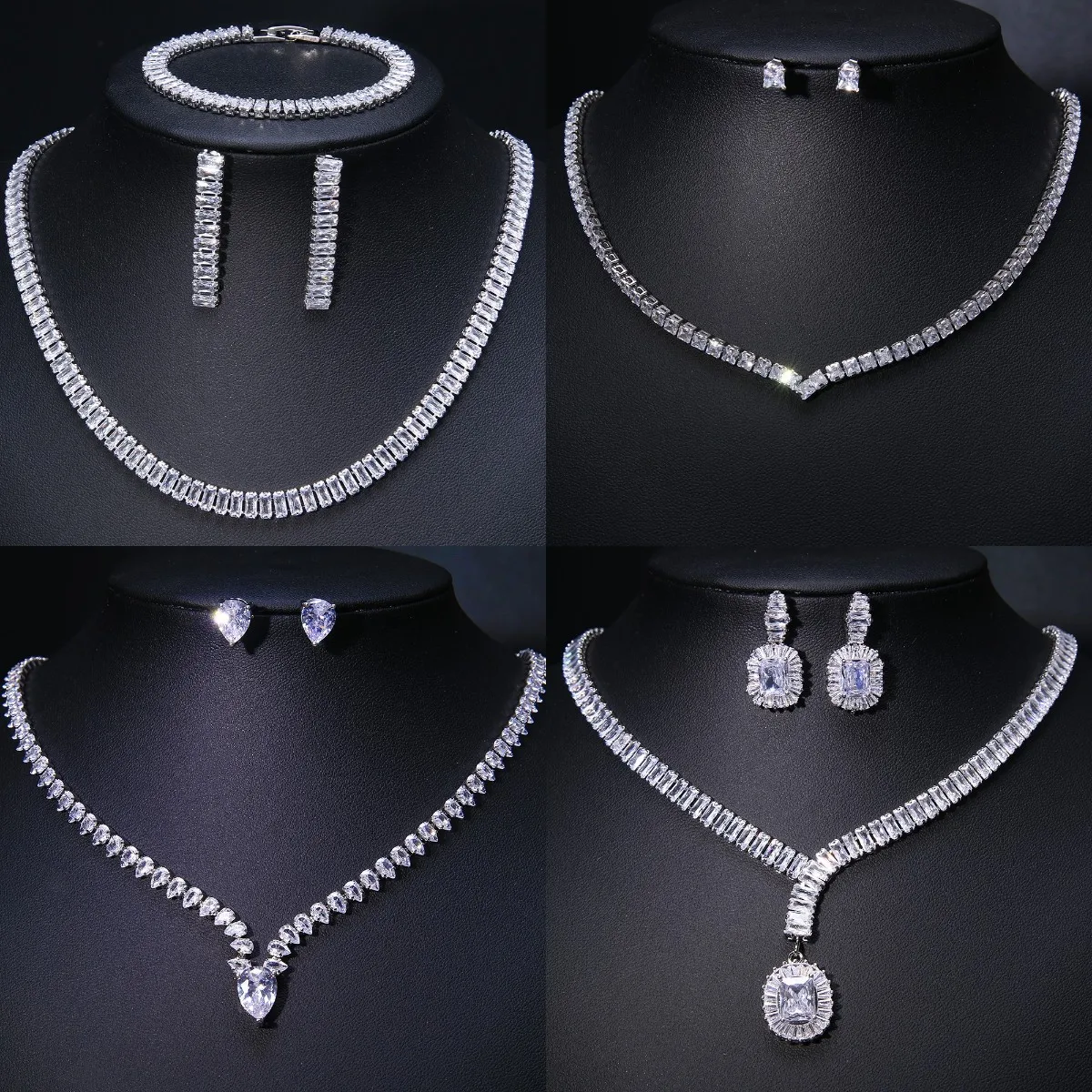 JMK Cubic Zirconia Bridal Wedding Jewelry Sets Tennis Necklace Bracelet Earrings Sets Valentine's Day Gift Wholesale Dropship