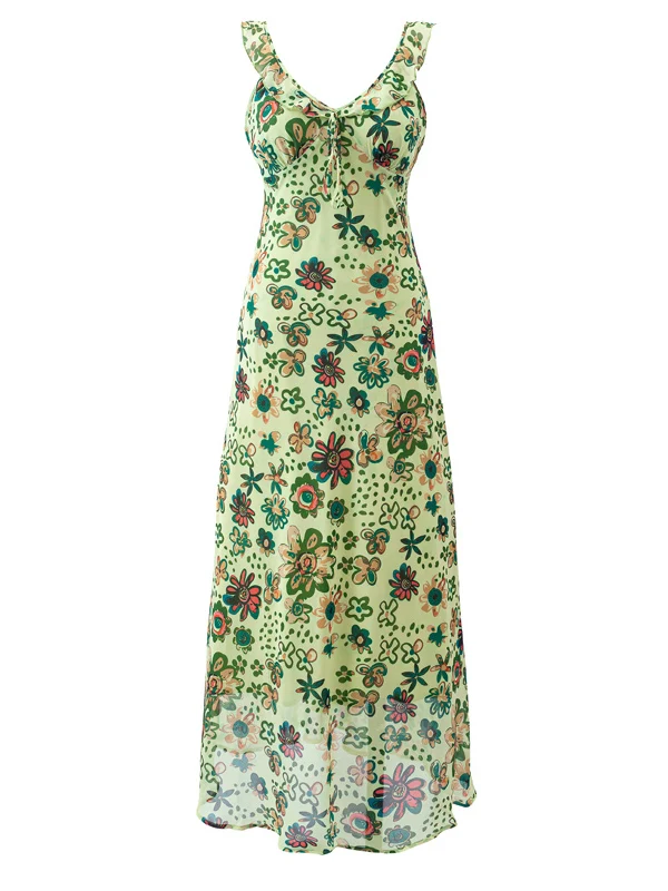 

Rustic Floral Print Slimming V-Neck Strapless Long Dress Women's Holiday Style Backless Green Color Casual Summer Dress