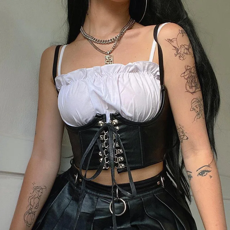 Kobiety moda Sexy PU skórzany gorset Goth Punk sznurowane bandaż czarny gorset Streetwear Underbust wsparcie szelki Shaper Top