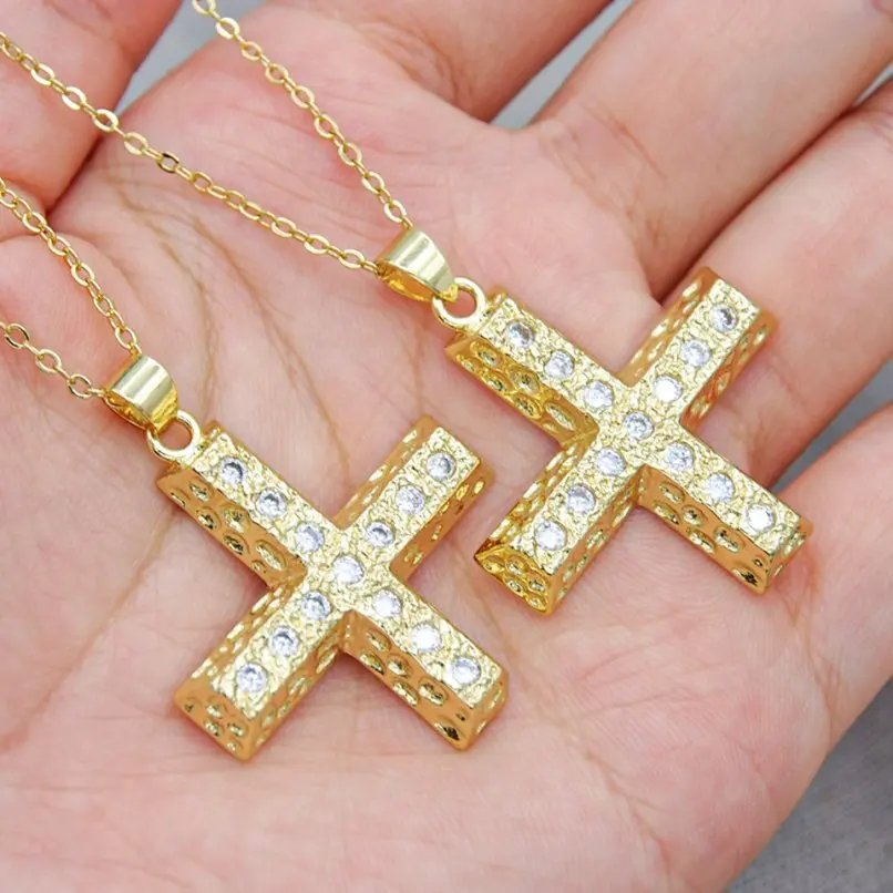 

Crisscross Cross Cubic Zirconia Copper Gold Color Jesus Christian Invisible Setting Chain Necklace