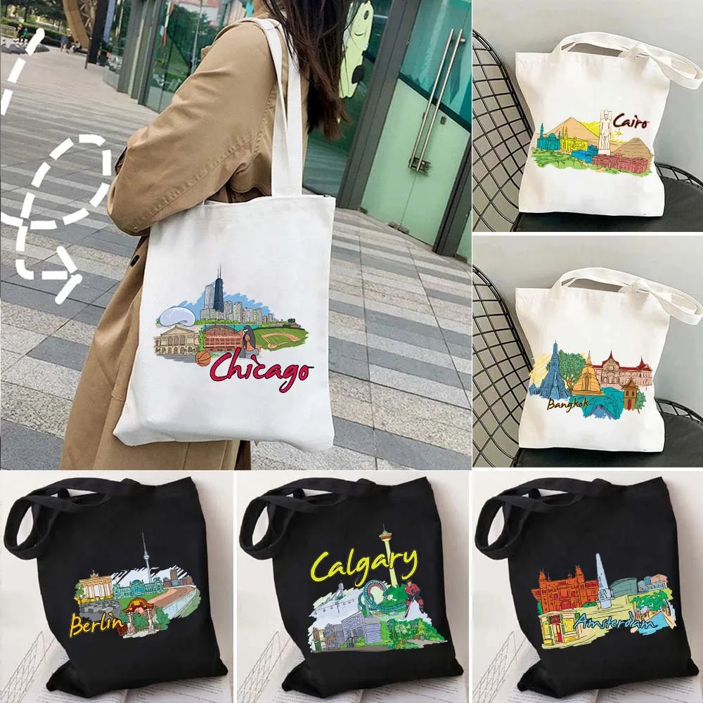 

Barcelona Budapest Buenos Antalya Bangkok Canvas Tote Bag Cairo Calgary Cape Town Chicago Travel Art Hand Drawn Painting Handbag