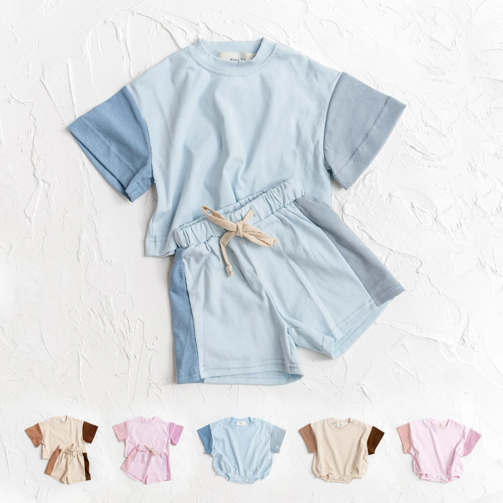 Solid Color Stitching Short Sleeve Top+Shorts Sets Summer Baby Boy Girl Outfits Children Tshirts Pants Suit Cotton Baby Clothes