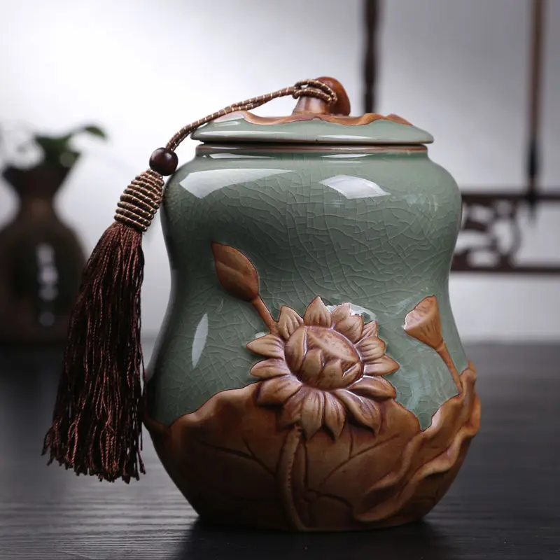 

China ceramic jar gourd lotus tea caddy Tea Storage Canister Jar Container