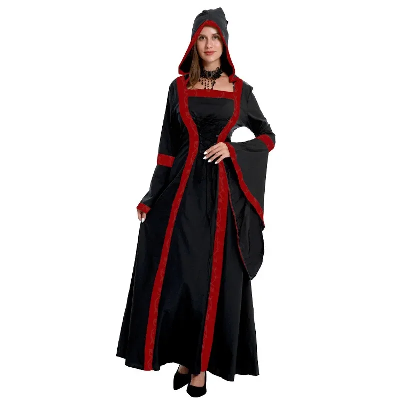 New Medieval Clothing Retro Dress Long Skirt Square Neck Tie Waist Bell Sleeves Festival Celebration Performance Clothing