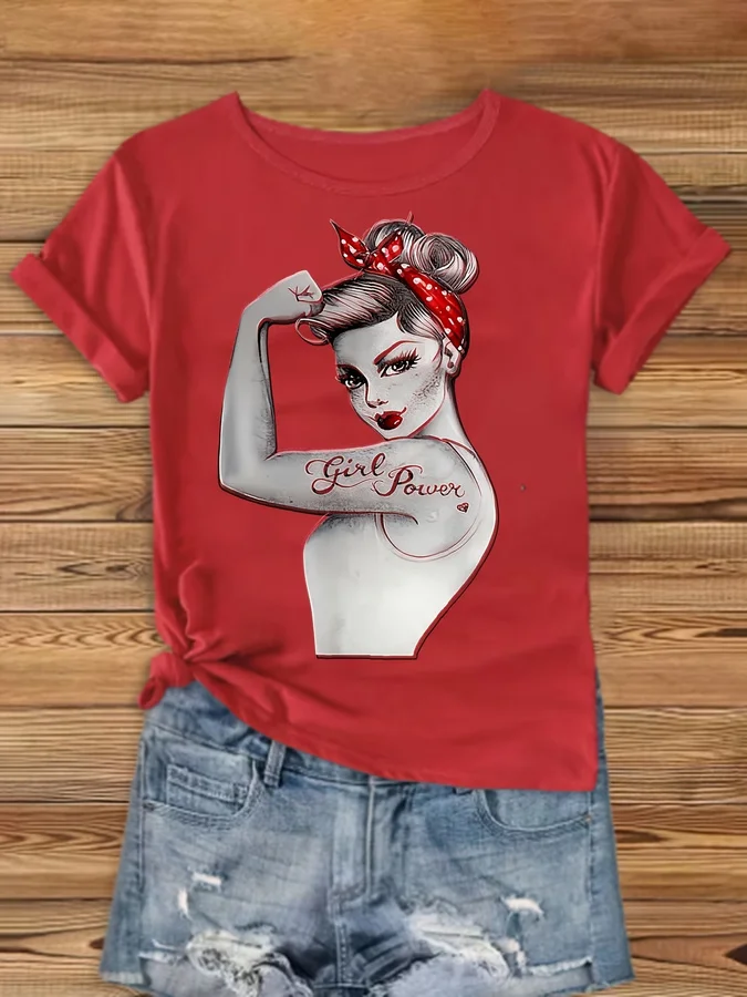 Wo's Rosie the Riveter 'We Can Do It!' Vintage T-Shirt - Iconic Pin-Up Design with Red Bandana & Polka Bow, Stretch Short Sleeve