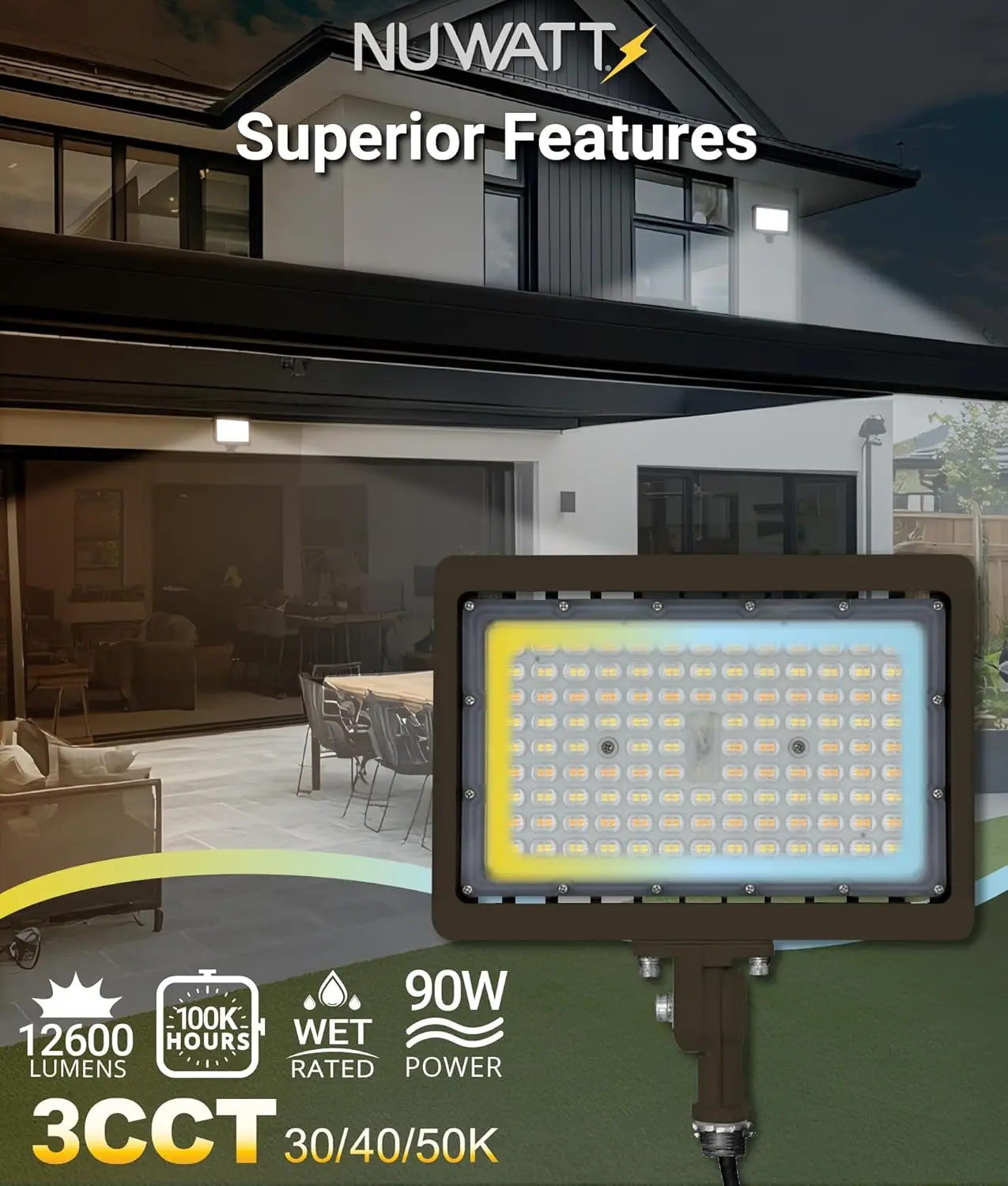 90W LED Flood Light, 3 Color Temperatures Selectable, IP65 Waterproof, Adjustable Mount, 12600LM Dimmable for Outdoor Security