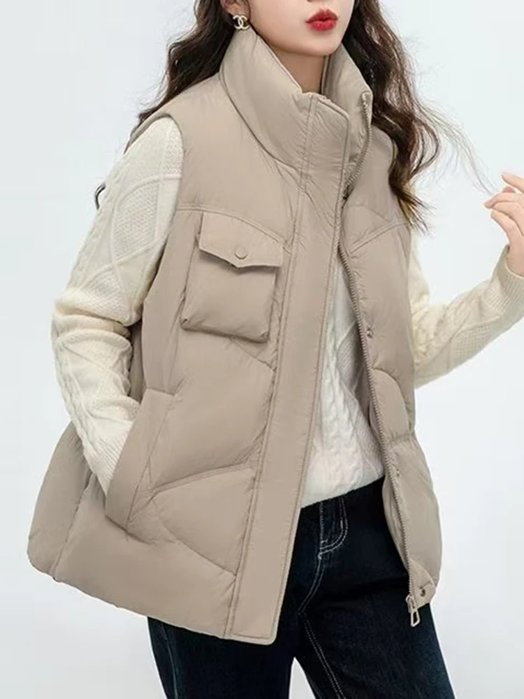 Slim Casual Chic Woman Parkas New Fashion Autumn Winter Solid Color Women Parkas Khaki Color Simple Basic Sleeveless Coat Female