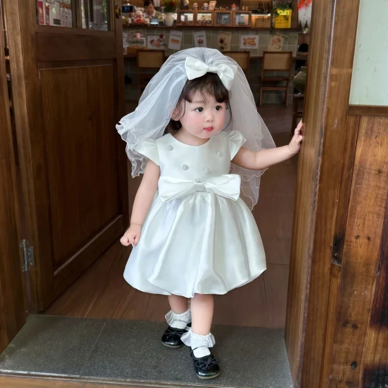 2026 New Baby Girl First Birthday Party Dress Clothes Princess Gown Korean l Tutu Kids Formal Attire CostumeBow White Flower Gir