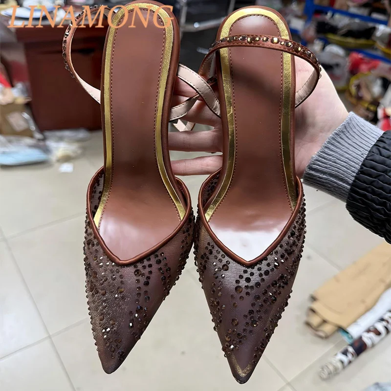 

Mesh Rhinestone Pointed Sandals Toe Cover Exposed Heel Ankle Buckle Strap Versatile Fashion Stiletto Heel Temperament Sandals