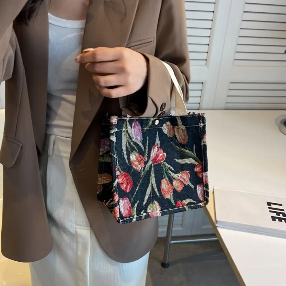 Simple Commute Tulip Tote Bag Canvas Large Capacity Flower Shoulder Bag Sweet Fashion Floral Handbag Unisex