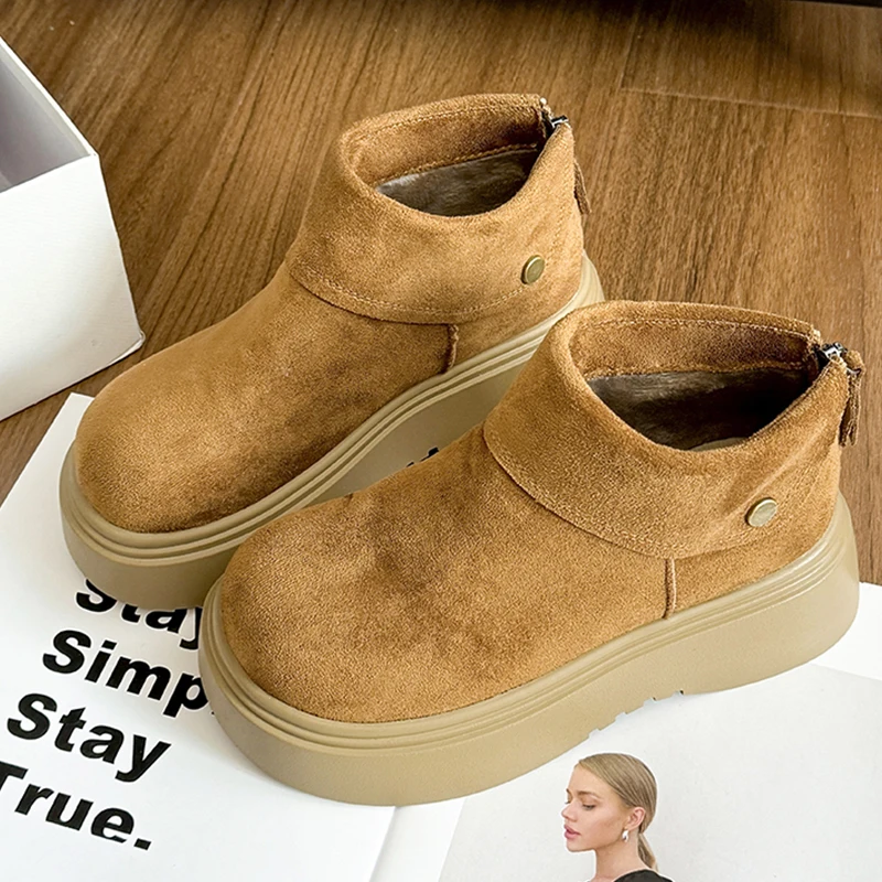 

Замшевые модные зимние ботинки, теплые женские ботильоны на плоской подошве, прогулочная женская обувь на платформе, зимние короткие плюшевые женские новые прогулочные ботинки