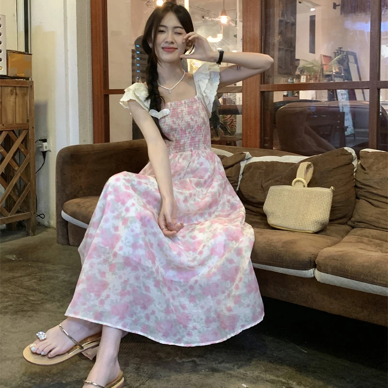 Ruffle Sleeves Fashion 2024 Summer Dress Women French New Floral A-line Princess Dress Woman Elegant Party Dresses Femme