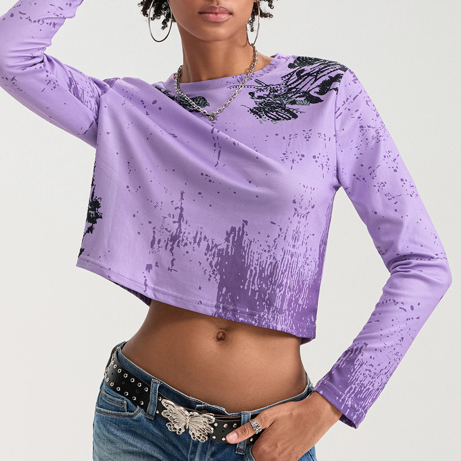 Early Fall Aesthetic Gothic Crop Tops Tops Women Retro Floral Print Bead Decor Long Sleeve Round-Neck Grunge T-Shirts