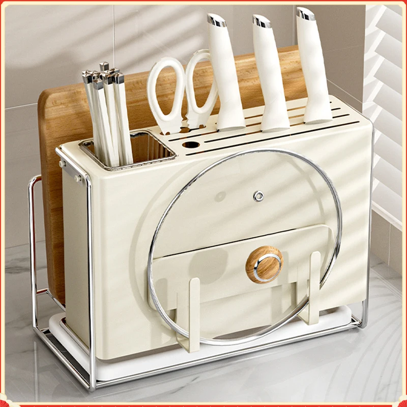 

Kitchen Utensil Storage Rack Integrated Knife Stand Pot Lid Holder Chopstick Tube for Counter Cabinet