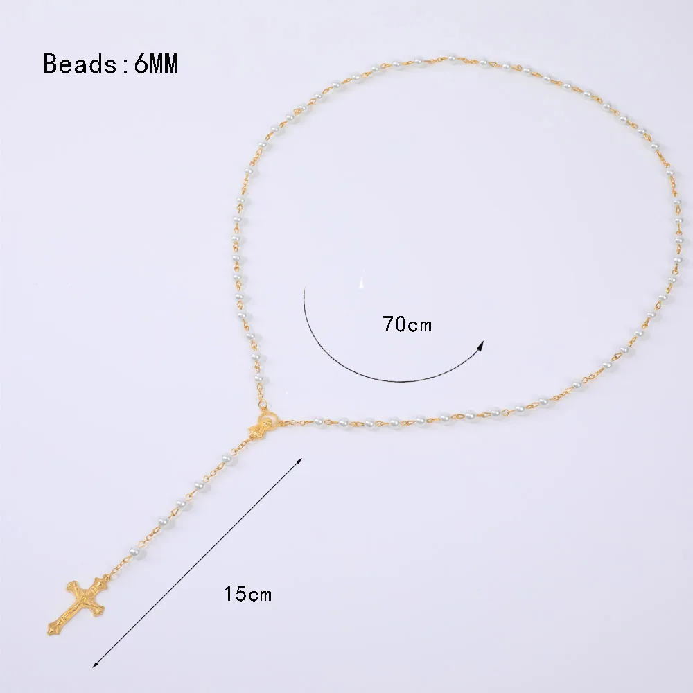 Religious Rosary Necklace For Women 6MM White Imitation Pearls Long Chain Crucifix Cross Pendant Prayer Party Jewelry Gift