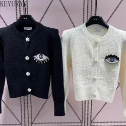 Peals Beading Knitted Cropped Cardigan Jacket Women's New Autumn Winter O-Neck Black White Long Sleeve Tops Sweater Mujer Jumper