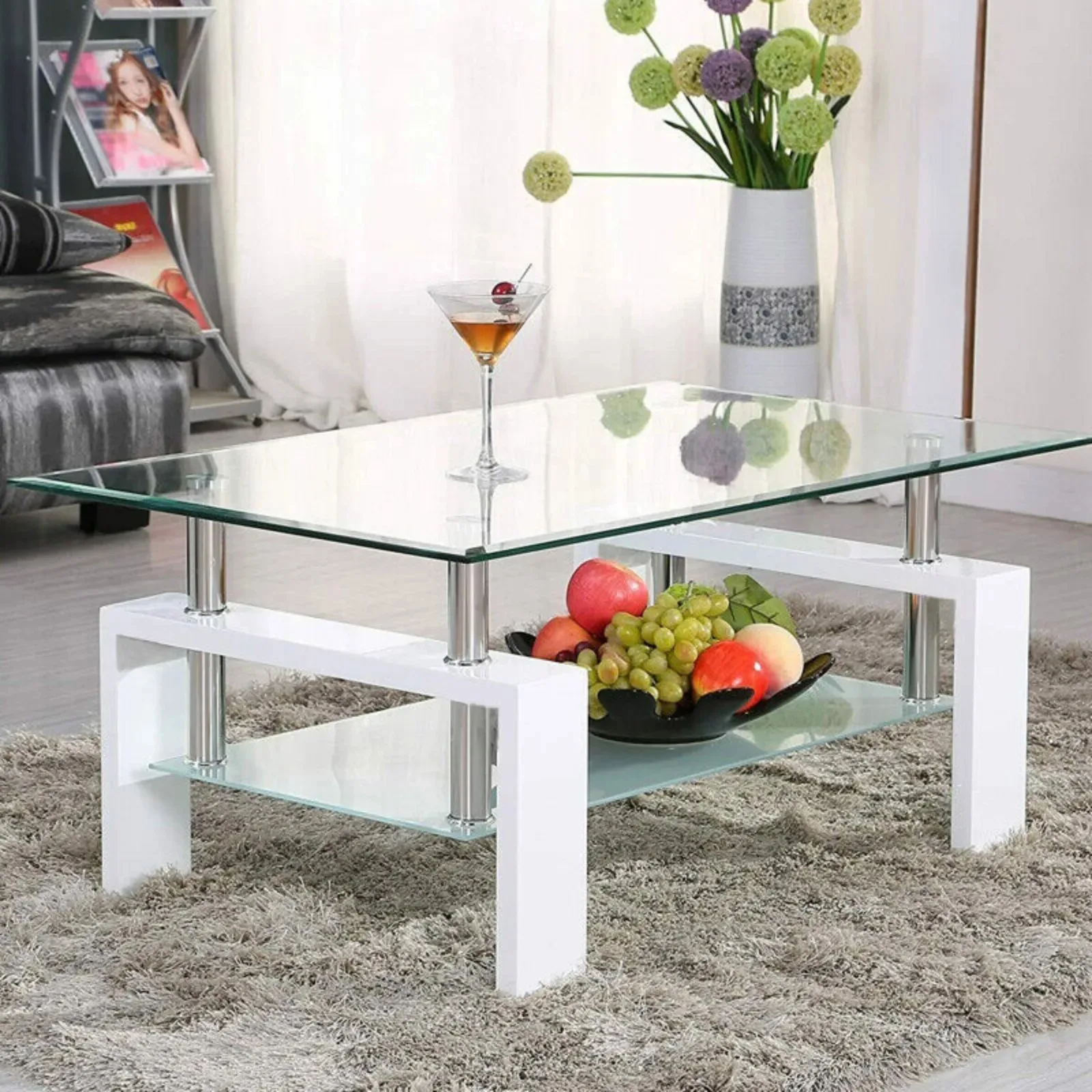 US Living Room Coffee Table Glass Tabletop Modern Side Table with Lower Shelf Home