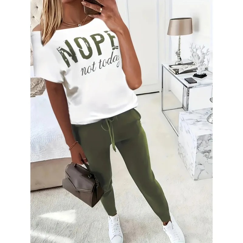 Conjuntos de 2 peças para mulheres, roupas com gráficos impressos, camiseta verde oliva, calças de moletom, conjunto casual de duas peças, conjuntos de correspondência