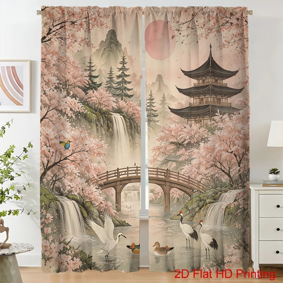 2PCS Digital Print Curtain, Japanese Cherry Blossom Pagoda Pattern, Oriental Landscape Style for Living Room Bedroom Home Decor