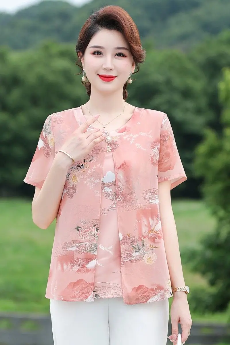 Camisa de gasa de manga corta de verano para mamá, camiseta de moda, Top ajustado de moda