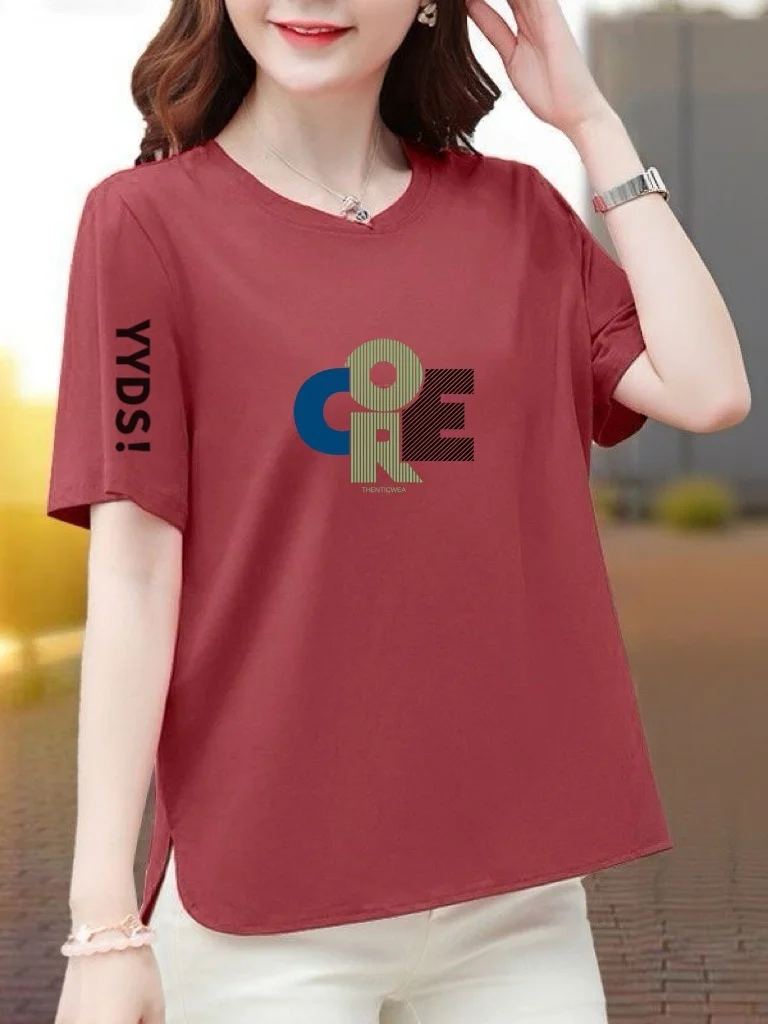 

Summer New Style Women's T-shirt Short Sleeve Loose Fit round Neck Printed Casual Top Fashionable Lightweight Polye...