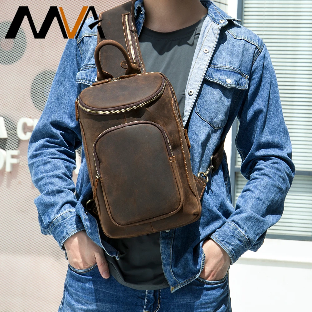 MVA Vintage Full Grain Leather Sling Bag Crossbody Chest Daypack Personalized Men Shoulder Bag Travel Gift For Boy/Father 9087