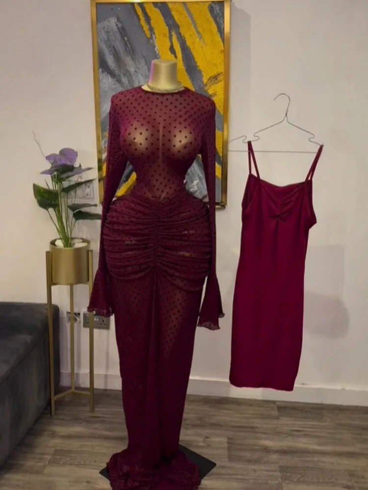 여성용 화려한 봄 드레스, 우아한 플레어 긴 소매, 곡선미를 살린 플로킹 드레스, 메쉬 투명 보헤미안 맥시 드레스, 슬링 안감 포함