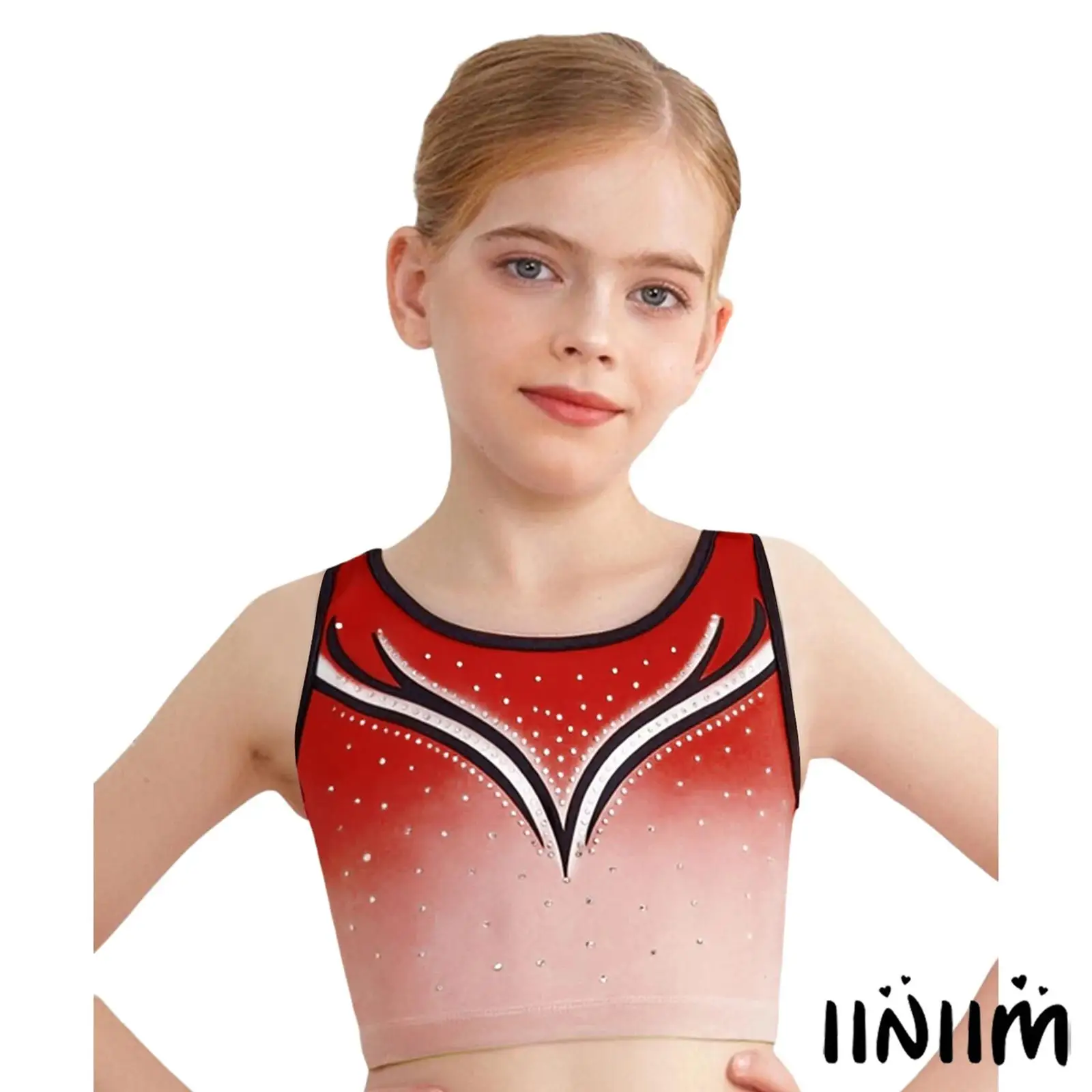 

Kids Girls Gymnastics Dance Vest Round Neck Sleeveless Sparkling Rhinestones Gradient Crop Top for Ballet Ice Skating Dance