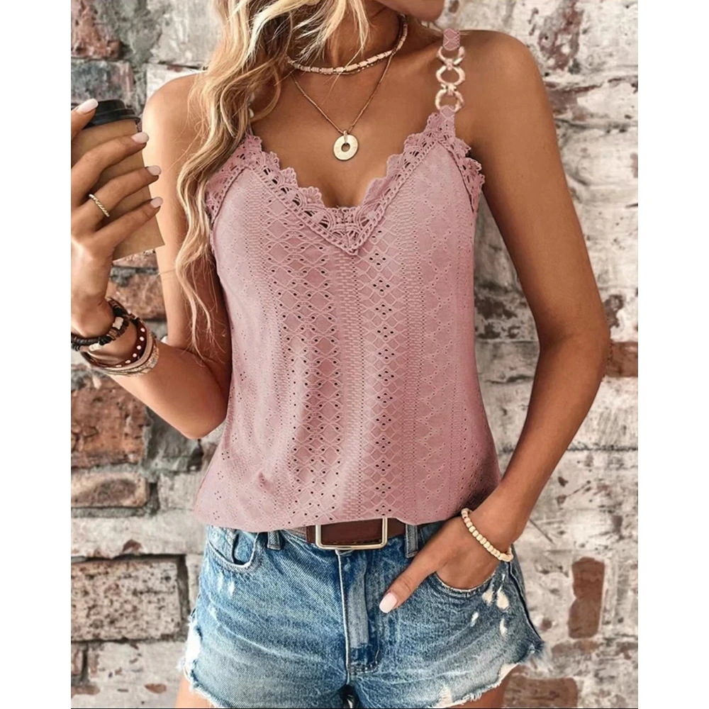 

Summer Femme Lace Patch Hollow Out Tank Top Casual Basic Sleeveless T Shirts Fashion V Neck Camisole Top Streetwear y2k Femme