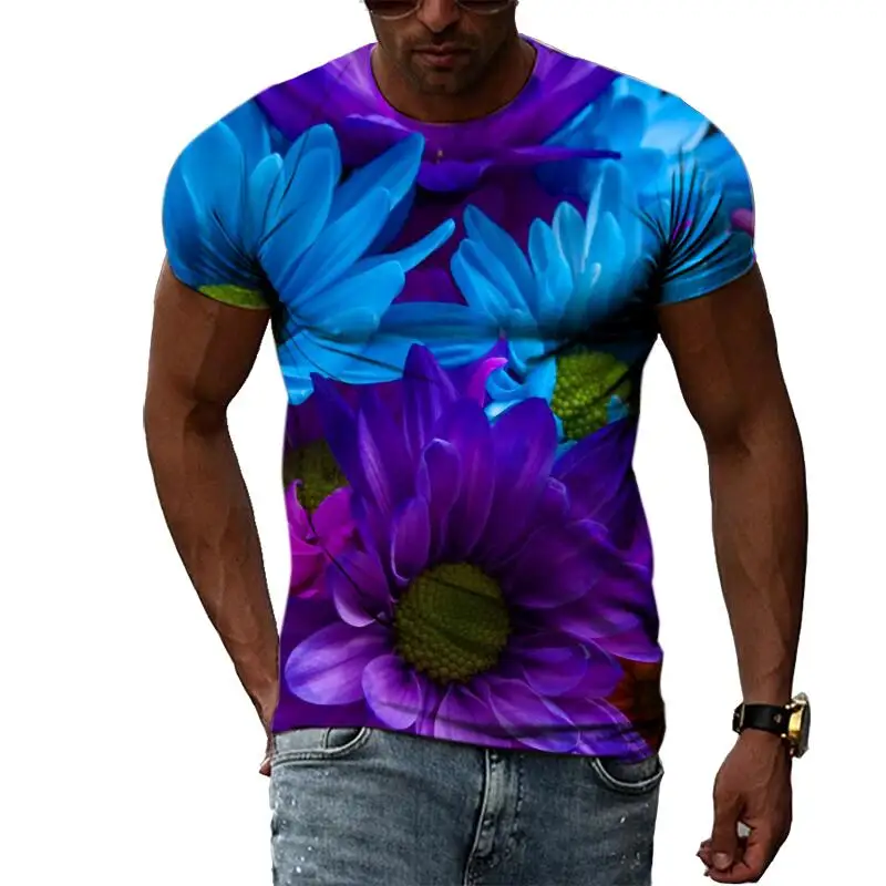 New Tide Summer Fashion Flower Picture T-shirts Casual Print Tees Hip Hop Personality Round Neck Short Sleeve Tops