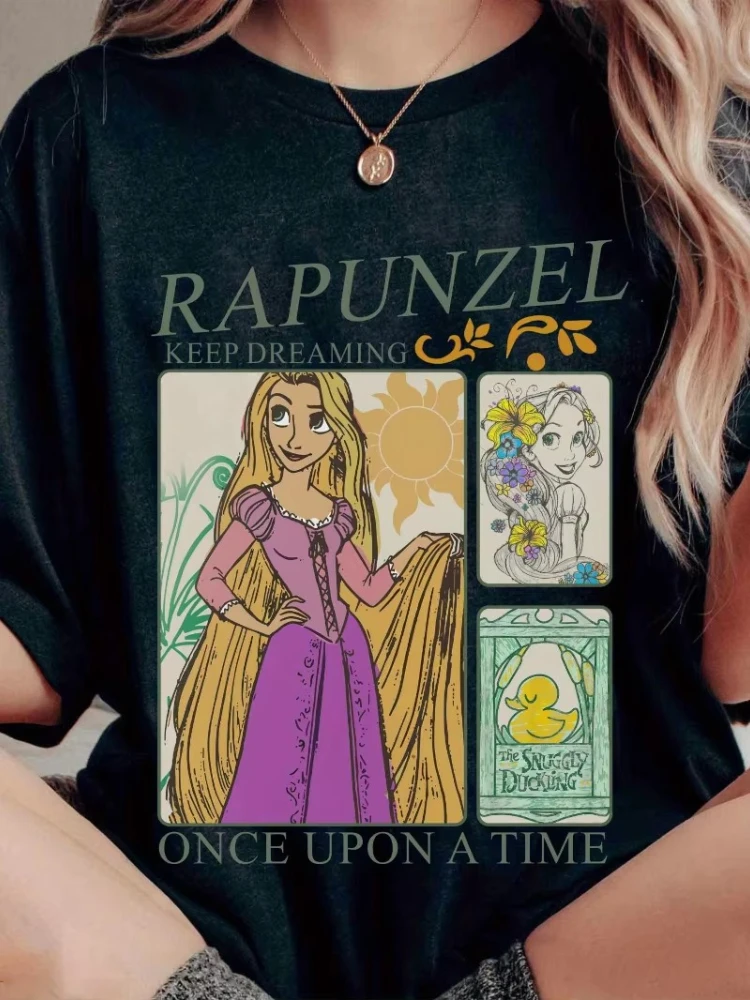 

Disney 2026, новый винтажный тренд, модная мужская и женская одежда с принтом Рапунцель, свободная одежда с круглым вырезом, большие размеры, с коротким рукавом