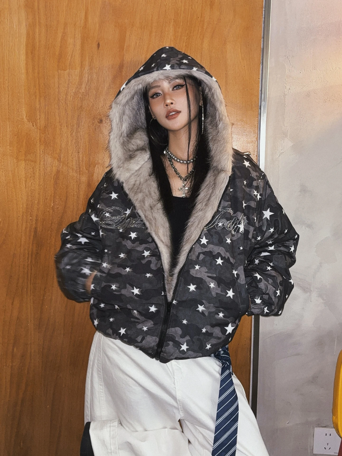 

DoubleD American Sle Rhinestone Printed Camouflage Hooded Cotton Jaet Women's Winter Fur Collar Cotton Coat Street Sle ...