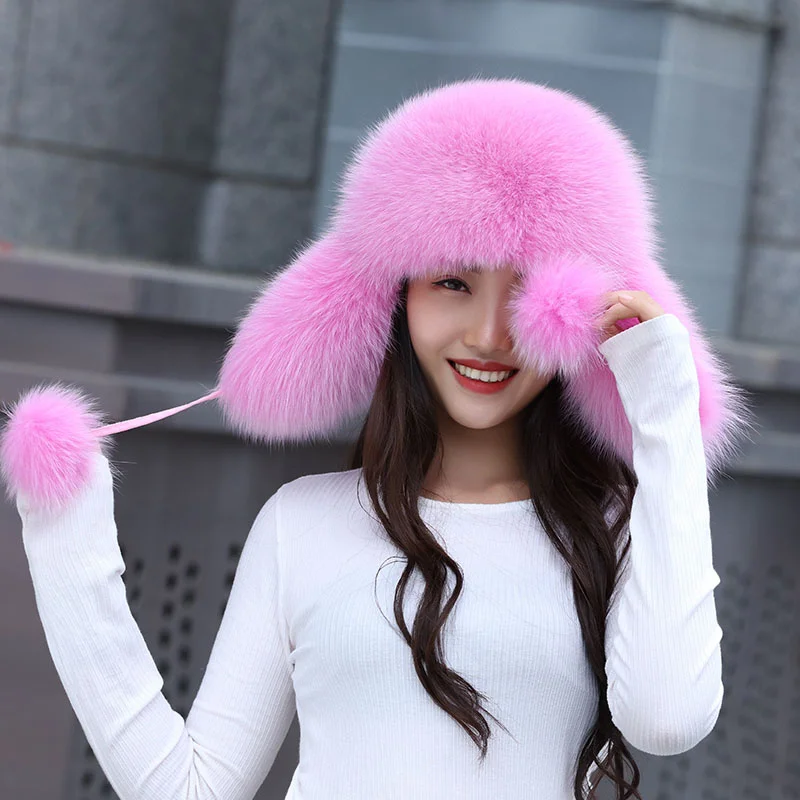 New 100% Real Fox Fur Hats Women\'s Russian Ushanka Aviator Trapper Snow Skiing Hat Caps Earflap Winter Raccoon Fur Bomber Hat