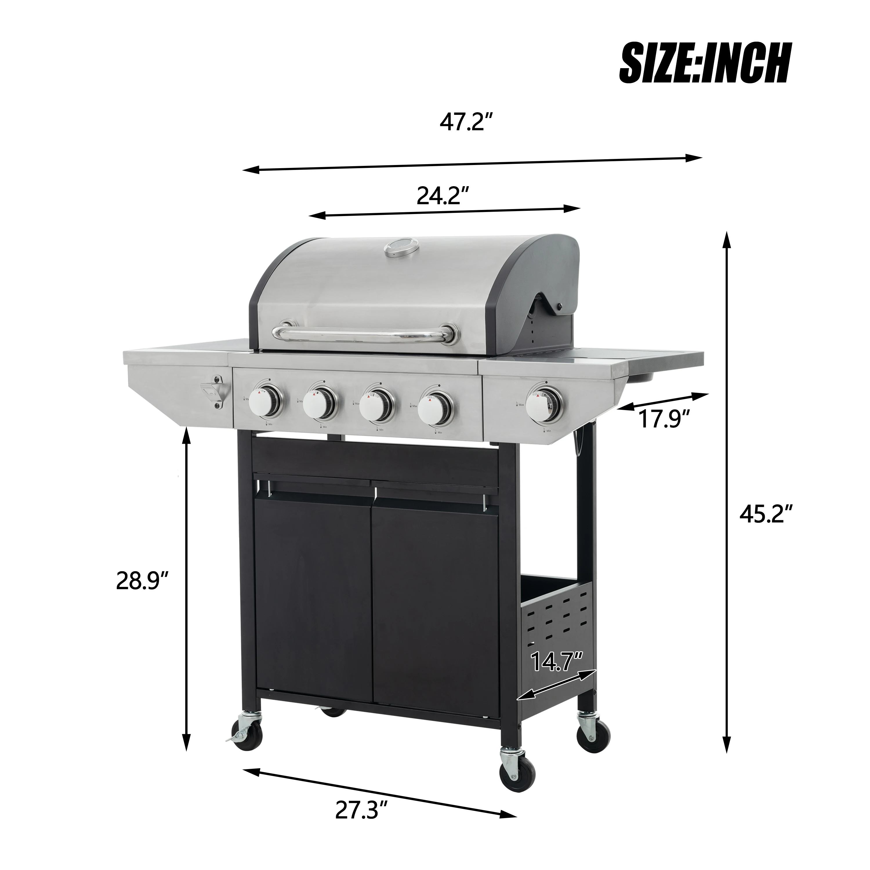 

Propane Grill 4 Burner Barbecue Grill Stainless Steel Gas Grill with Side Burner and Thermometer for Outdoor BBQ, Camping