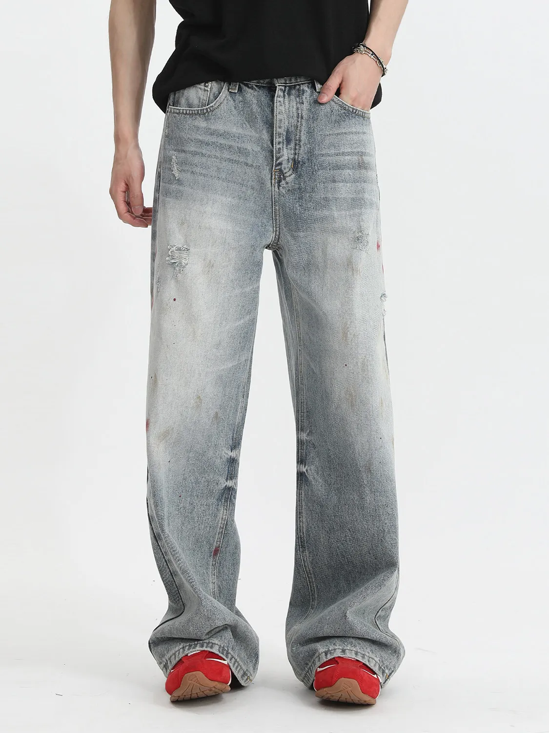 Calça Jeans Voguo Relay Estilo Coreano Lavada e Desgastada de Perna Larga Reta para Homens, Mulheres e Jovens – Casual, Confo...