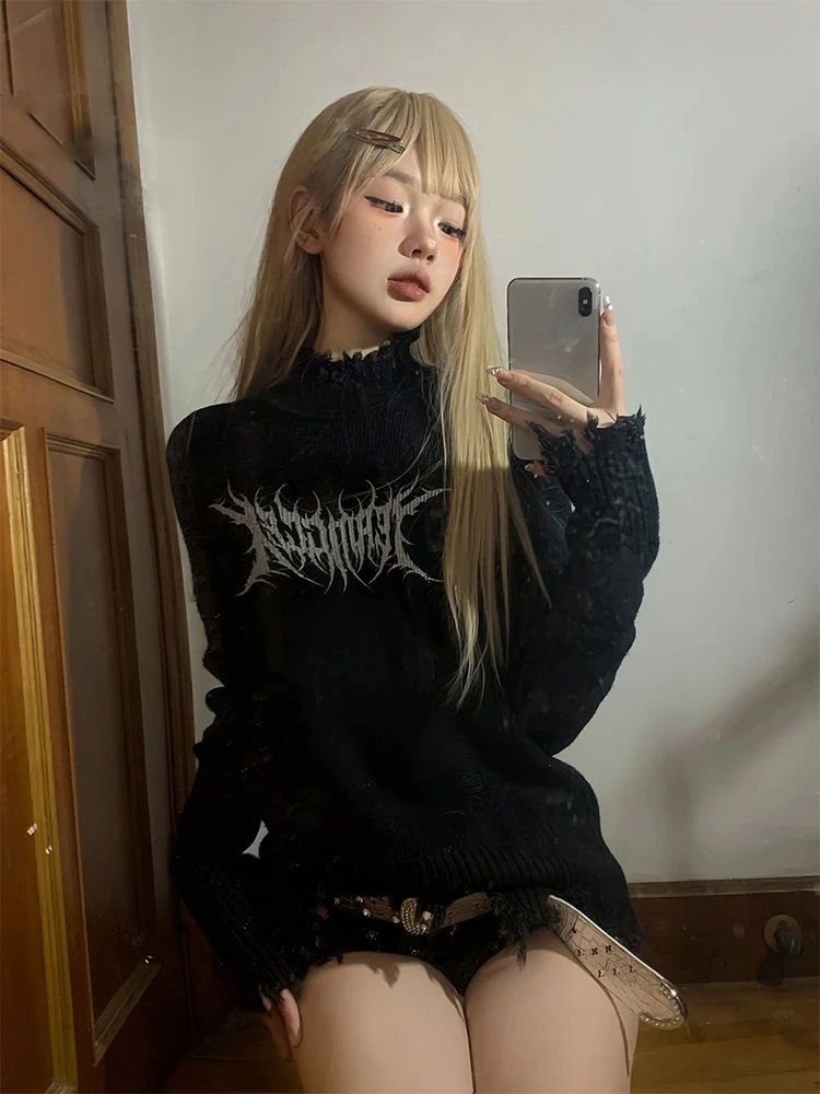 QWEEK Gothic Harajuku Goth Sweater Punk Knitted Knit Y2k Letter Print Jumpers Black Long Sleeve Pullover 2024 Autumn Fashion