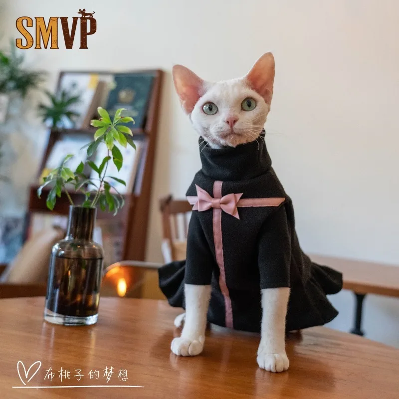 Pet Cat Winter Warm Woolen Two Piece Outfit Fleece Lined Gift Ribbon Bow Sleeveless Dress Vest Elegant Stylish Soft Pet Costume
