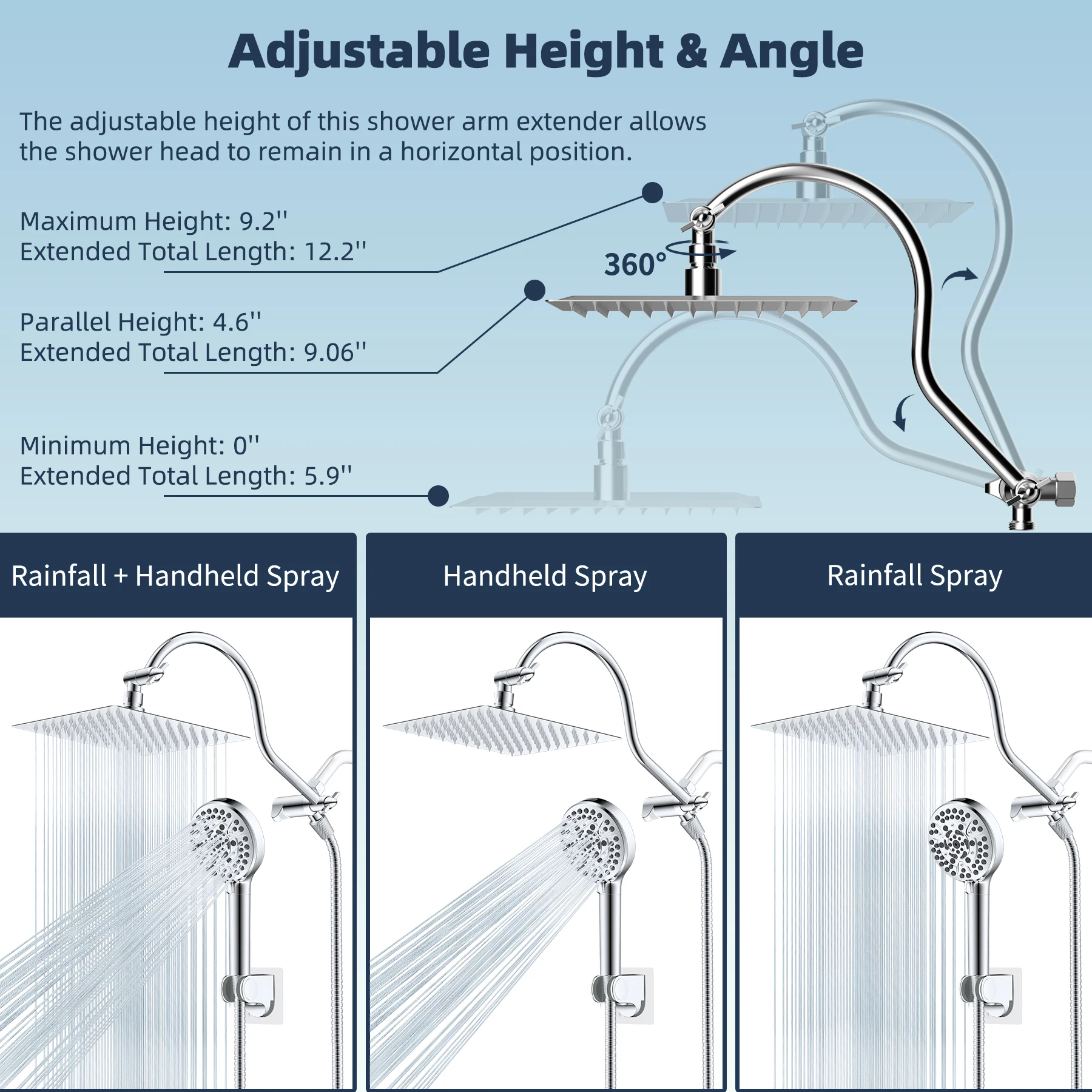All Metal Shower Head, 8'' High Pressure Rainfall Shower Head, Handheld Showerhead Combo with 12'' Adjustable Extension Arm