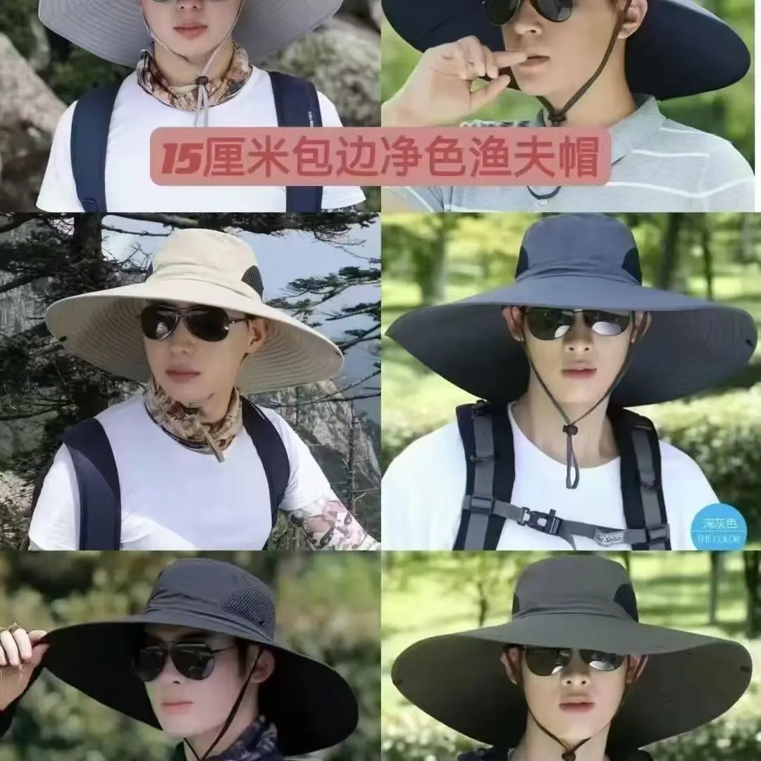 15cm Extra Wide Brim Mens 100% Cotton Bucket Hat Uv Sun Protection Breathable Mesh Solid Color For Hiking Fishing Camping Outdoo
